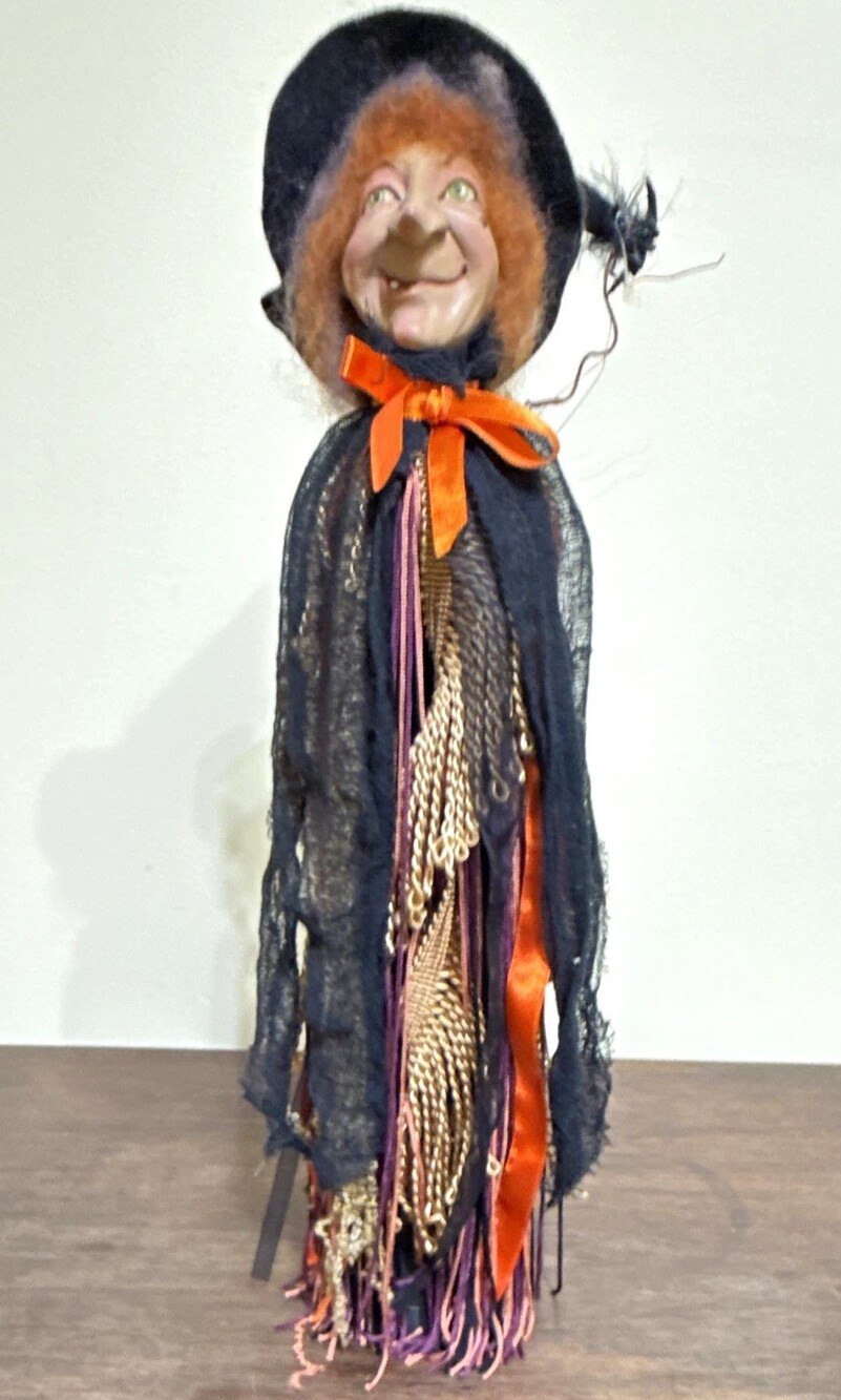 Whimsical Witch Figurine Halloween Folk Art Doll 15" Primitive Tabletop Decor